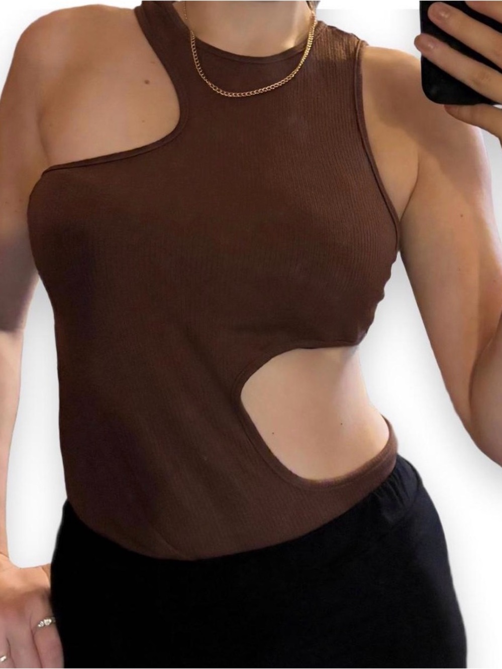 Asymmetric Cutout Ribbed Tank Top - Brown
